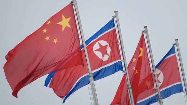 Bandeiras norte-coreanas e chinesas hasteadas em Pyongyang - Sputnik Brasil