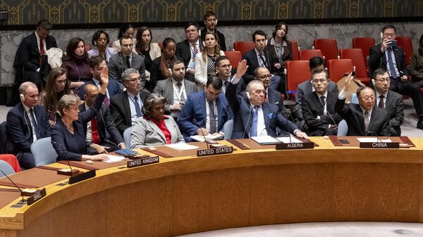 Momento em que Linda Thomas-Greenfield, embaixadora dos Estados Unidos na Organização das Nações Unidas (ONU), é a única a não aprovar a resolução de cessar-fogo na Faixa de Gaza, em 25 de março de 2024 - Sputnik Brasil