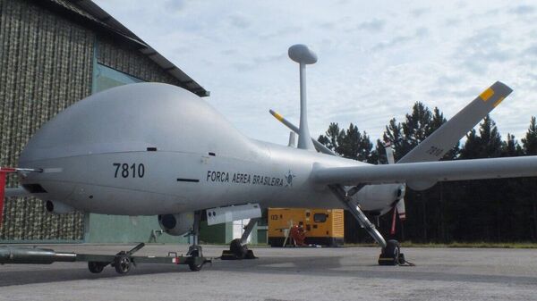 Drone de fabricação israelense, utilizado pelo Esquadrão Hórus, pousado na Base Aérea de Santa Maria, no Rio Grande do Sul.  - Sputnik Brasil
