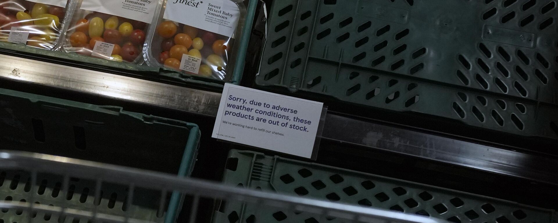 Prateleira de supermercado com aviso sobre falta de legumes e verduras por conta das condições climáticas do Reino Unido. Londres, 28 de fevereiro de 2023 - Sputnik Brasil, 1920, 03.04.2024