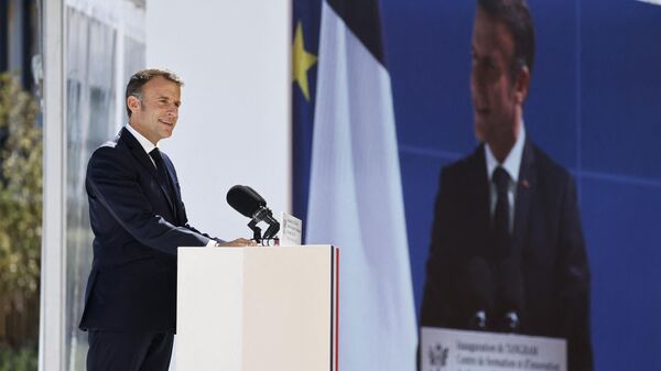 Emmanuel Macron, presidente da França, discursa durante cerimônia de inauguração do centro de treinamento e inovação para logística sustentável e profissões de navegação TANGRAM em Marselha, França, 8 de maio de 2024 - Sputnik Brasil