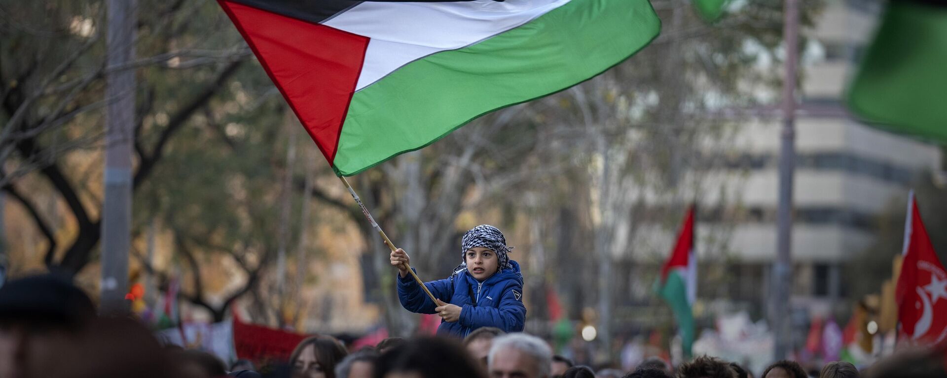 Menino agita bandeira palestina enquanto manifestantes marcham durante protesto em apoio aos palestinos e pedindo um cessar-fogo imediato em Gaza. Barcelona, Espanha, 20 de janeiro de 2024 - Sputnik Brasil, 1920, 29.05.2024
