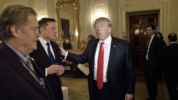 O conselheiro de Trump, Steve Bannon, observa o presidente dos EUA, Donald Trump, cumprimentar Elon Musk, CEO da SpaceX e da Tesla (foto de arquivo) - Sputnik Brasil
