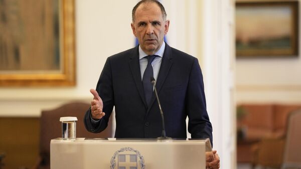 George Gerapetritis, ministro das Relações Exteriores grego faz declarações durante uma cerimônia de transferência, em Atenas, Grécia, 27 de junho de 2023 - Sputnik Brasil