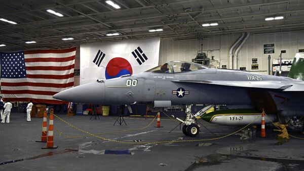 Caça F-18 no hangar do USS Theodore Roosevelt (CVN 71), um porta-aviões movido a energia nuclear, ancorado na Base Naval de Busan, em Busan, Coreia do Sul, 22 de junho de 2024 - Sputnik Brasil
