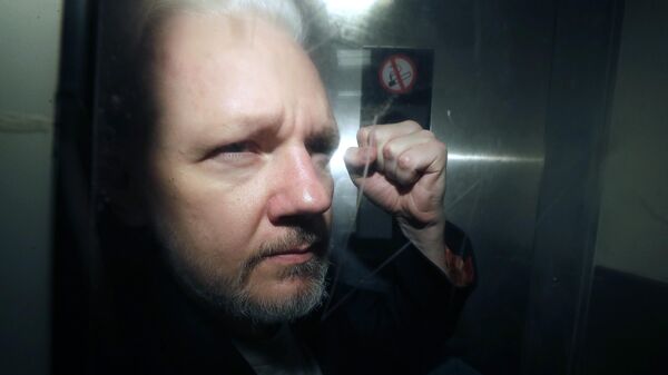 Julian Assange sendo retirado do tribunal onde compareceu há sete anos, em Londres. Reino Unido, 1º de maio de 2019 - Sputnik Brasil