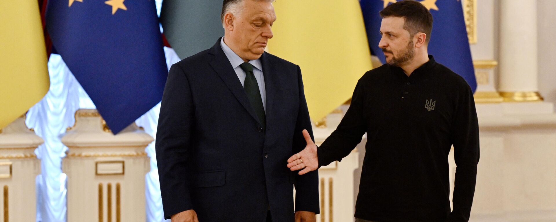 Vladimir Zelensky aperta a mão do primeiro-ministro da Hungria, Viktor Orbán, após dar uma entrevista coletiva em Kiev em 2 de julho de 2024 - Sputnik Brasil, 1920, 02.07.2024