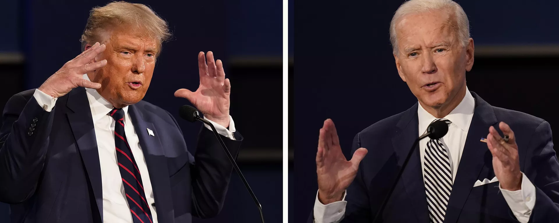 Combinação de fotos mostra o presidente Donald Trump (à esquerda) e ex-vice-presidente Joe Biden durante o primeiro debate presidencial em 29 de setembro de 2020, em Cleveland, Ohio, EUA - Sputnik Brasil, 1920, 04.07.2024