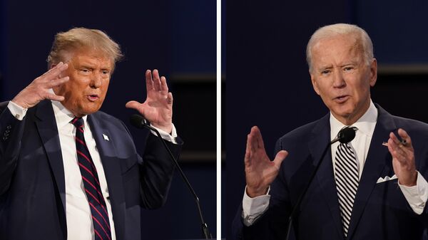 Combinação de fotos mostra o presidente Donald Trump (à esquerda) e ex-vice-presidente Joe Biden durante o primeiro debate presidencial em 29 de setembro de 2020, em Cleveland, Ohio, EUA - Sputnik Brasil