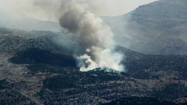 Fumaça sobe de incêndios florestais perto da vila de Shebaa, no sul do Líbano, perto da fronteira norte de Israel, após o abate de um drone pelo Exército israelense em 4 de julho de 2024 - Sputnik Brasil