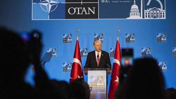 O presidente turco Recep Tayyip Erdogan discursa durante uma coletiva de imprensa à margem da cúpula do 75º aniversário da OTAN, em 11 de julho de 2024 - Sputnik Brasil
