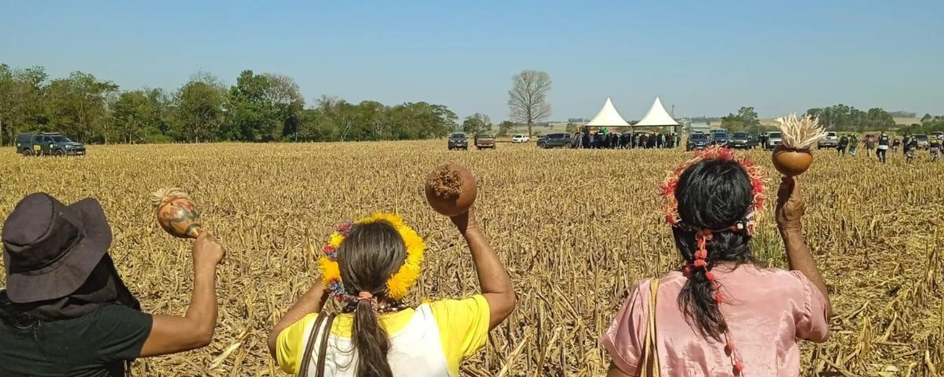 Indígenas em meio à ocupação de território abrangido pela Terra Indígena Panambi-Lagoa Rica. Localidade tem sido alvo de disputas entre produtores rurais e guarani-kaiowá. Douradina, Mato Grosso do Sul, julho de 2024 - Sputnik Brasil, 1920, 26.07.2024