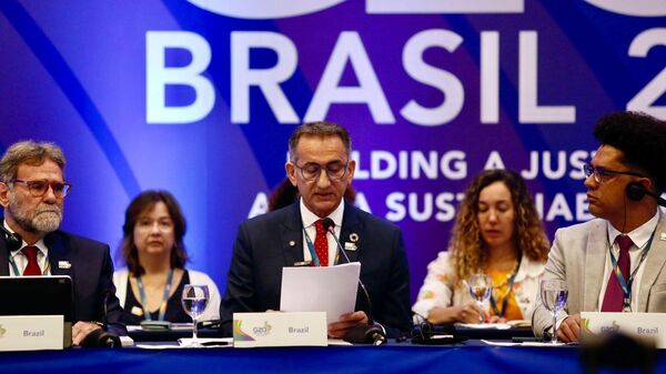 Ministro Waldez Goés, da Integração e do Desenvolvimento Regional do Brasil, discursa na abertura do terceiro dia do Grupo de Trabalho de Redução de Riscos de Desastres do G20. Rio de Janeiro, Brasil, 29 de julho de 2024 - Sputnik Brasil