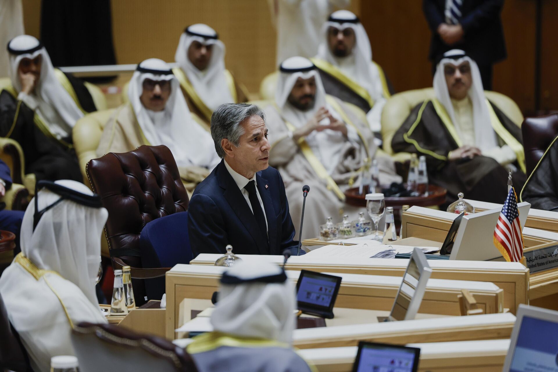 O secretário de Estado dos EUA, Antony Blinken, participa de uma Reunião Ministerial Conjunta do Conselho de Cooperação do Golfo e dos EUA para discutir as crises humanitárias enfrentadas em Gaza, em Riad, Arábia Saudita, 29 de abril de 2024 - Sputnik Brasil, 1920, 03.10.2024