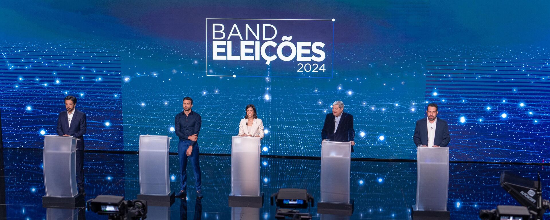 Candidatos à prefeitura de São Paulo, Ricardo Nunes, Pablo Marçal, Tabata Amaral, José Luiz Datena e Guilherme Boulos, em debate da Band, em 8 de agosto de 2024 - Sputnik Brasil, 1920, 14.08.2024