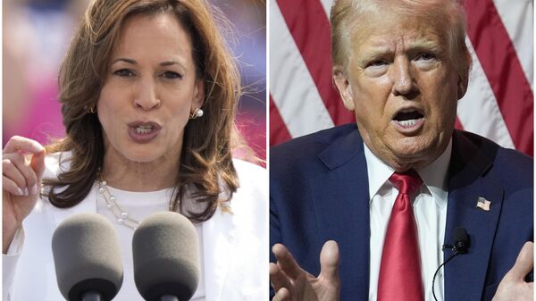 Esta combinação de fotos mostra a vice-presidente Kamala Harris (E), 7 de agosto de 2024 e o candidato presidencial republicano, ex-presidente Donald Trump, 31 de julho de 2024 - Sputnik Brasil