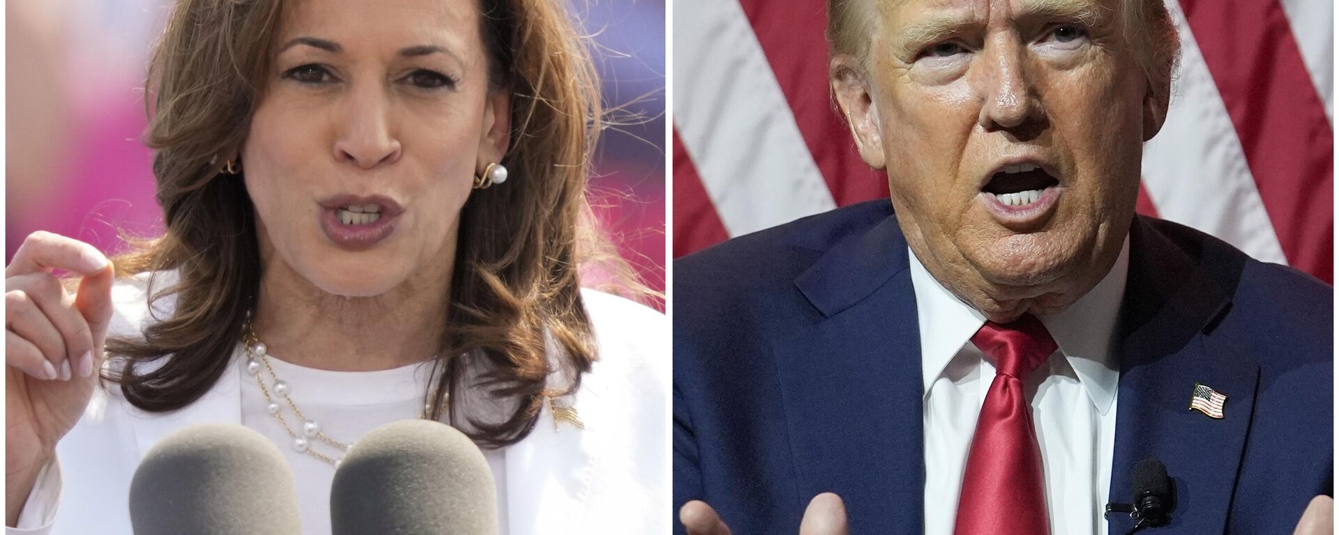 Kamala Harris (E) e Donald Trump (D), que concorrem às eleições para a Presidência dos EUA em 2024 - Sputnik Brasil, 1920, 29.08.2024