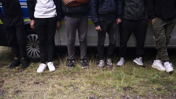 Migrantes esperam em um carro da polícia depois de cruzarem ilegalmente a fronteira da Polônia para a Alemanha e serem rastreados por uma patrulha da Polícia Federal em uma floresta perto de Forst, a sudeste de Berlim, 11 de outubro de 2023 - Sputnik Brasil