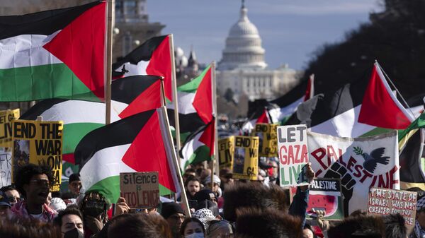 Manifestantes se reúnem durante a Marcha de Washington por Gaza em Washington, EUA, em 13 de janeiro de 2024 - Sputnik Brasil