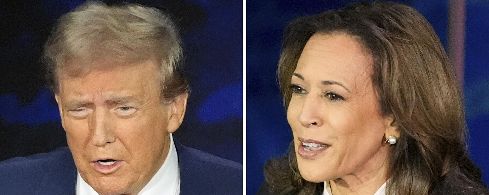 Combinação de fotos mostra o candidato presidencial republicano, Donald Trump, e a candidata presidencial democrata, Kamala Harris, durante o debate presidencial da ABC News, na Filadélfia. EUA, 10 de setembro de 2024 - Sputnik Brasil, 1920, 11.09.2024