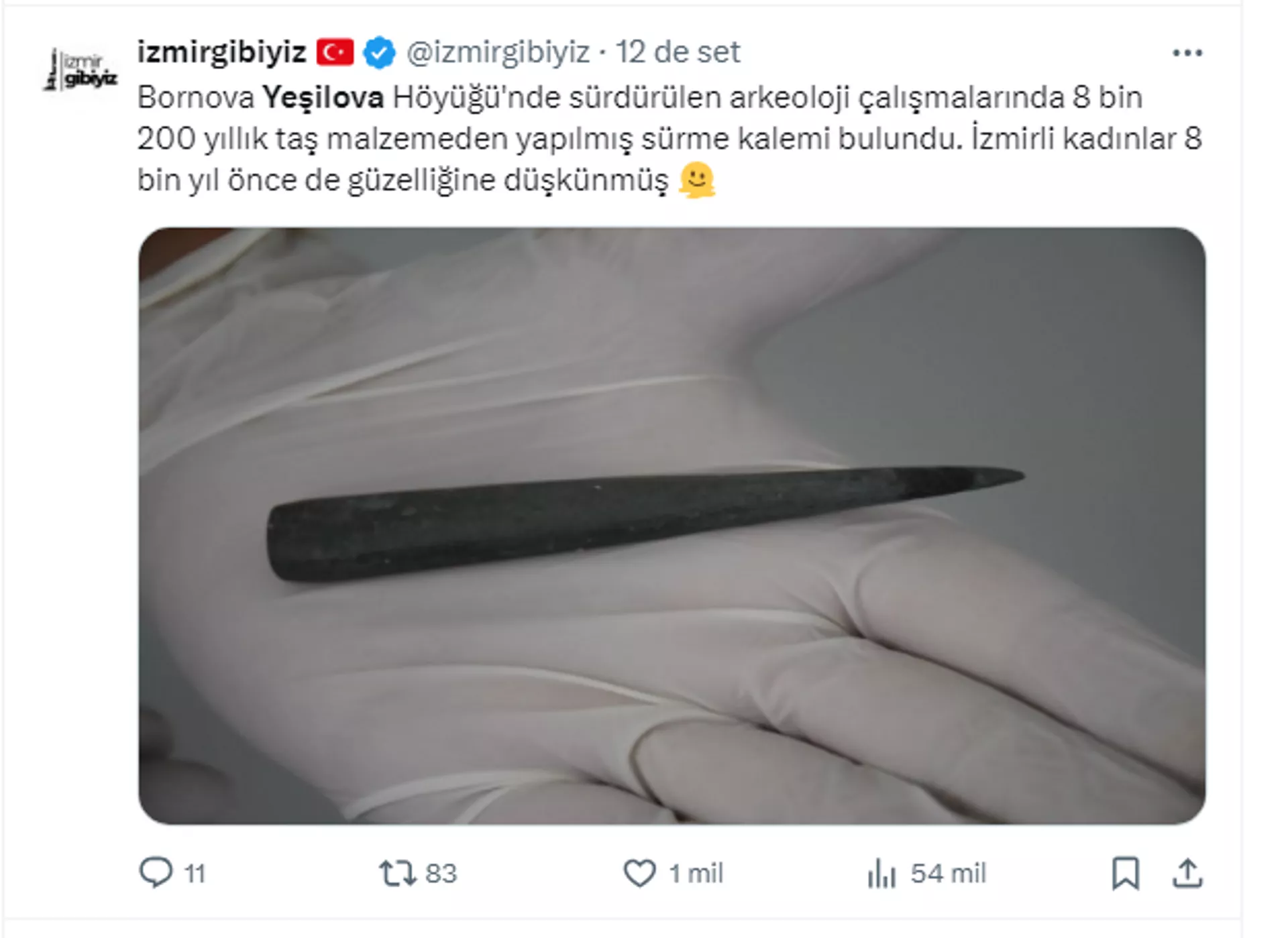 Captura de tela de redes sociais do lápis de olhos de pedra de 8.200 anos descoberto na Turquia - Sputnik Brasil, 1920, 19.09.2024