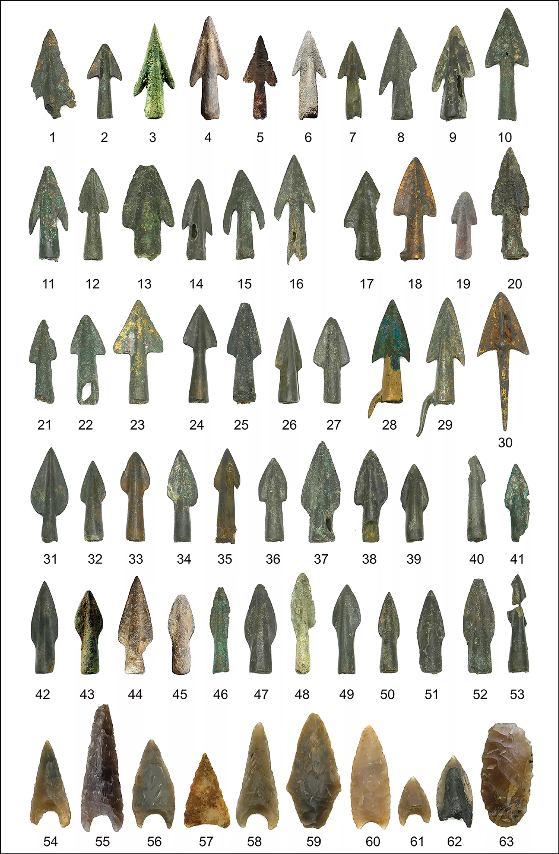 Pontas de flecha do Vale Tollense. Nos. 1–16: tipo 4 A; 17–23: tipo 4 B1; 24–27: tipo 4 B2; 28–29: tipo 4 C; 30: tipo 2 A; 31–39: tipo 5 A; 40–53: tipo 5 A/B; 54–63: pontas de flecha de sílex - Sputnik Brasil, 1920, 24.09.2024