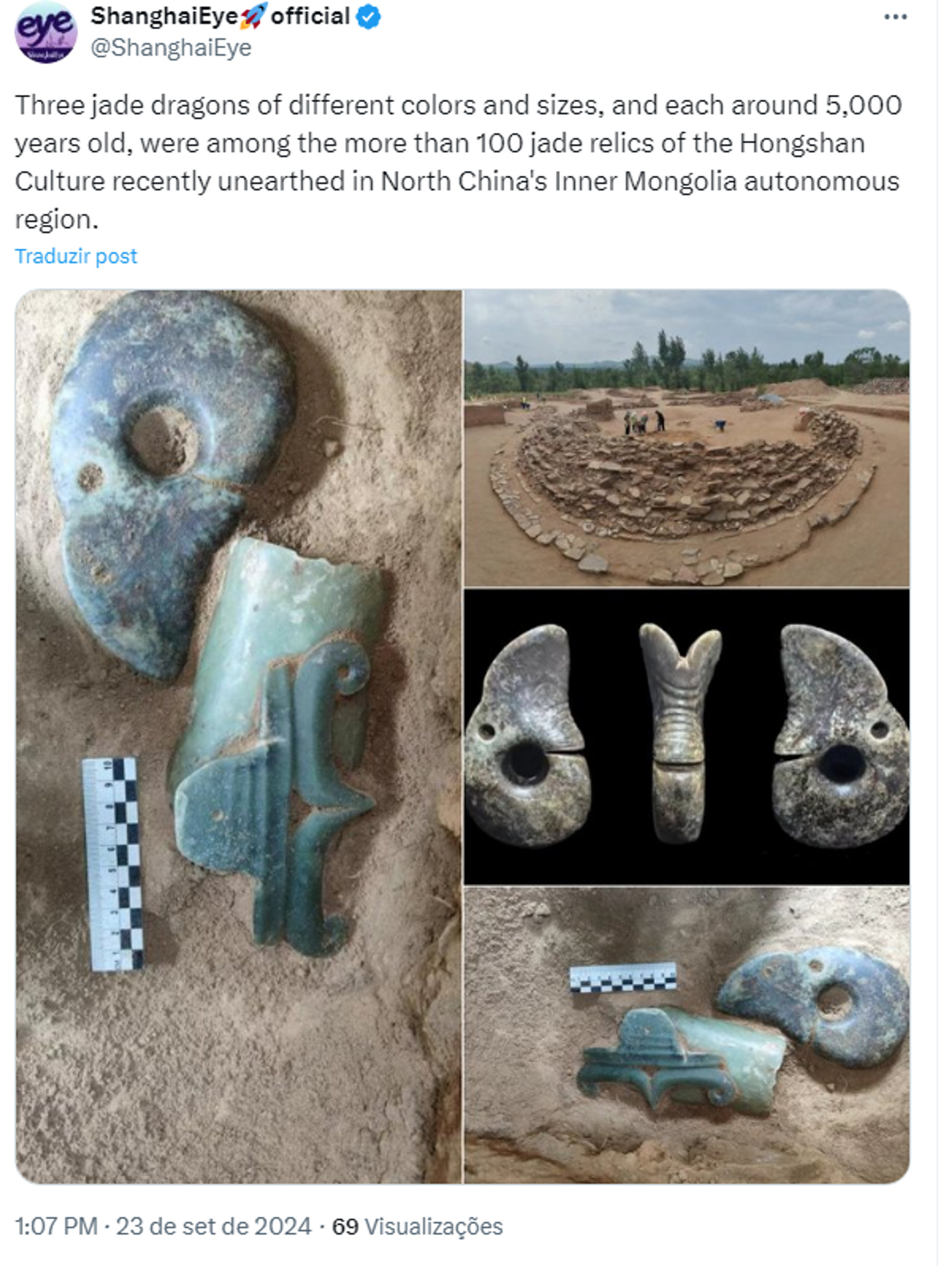 Captura de tela das redes sociais do local e dos objetos de jade de 5.000 anos descobertos no norte da China - Sputnik Brasil, 1920, 24.09.2024