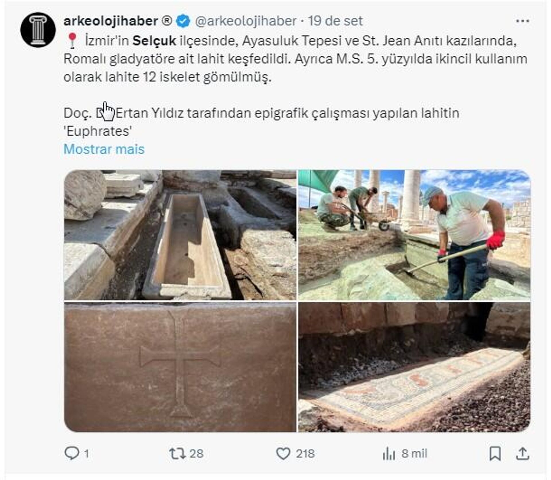 Captura de tela das redes sociais do túmulo de um gladiador romano descoberto na antiga cidade de Ephesus, atual cidade turca de Selcuk - Sputnik Brasil, 1920, 25.09.2024