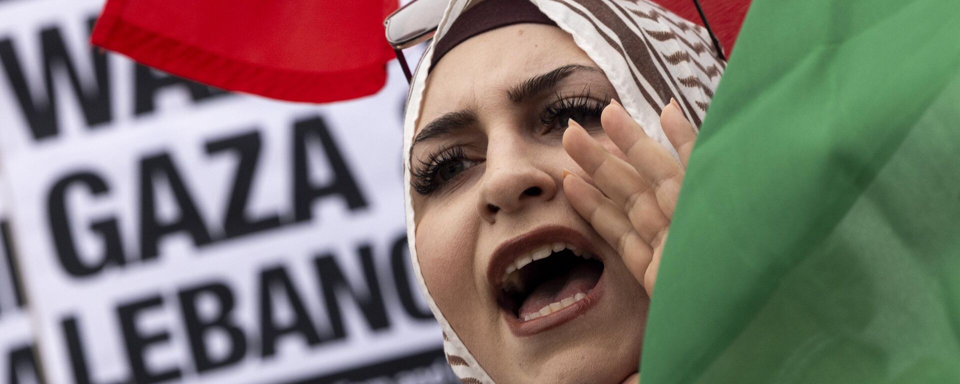 Manifestante agita bandeira libanesa em protesto contra a guerra em Gaza e no Líbano, em Los Angeles, EUA, 24 de setembro de 2024 - Sputnik Brasil, 1920, 14.04.2025