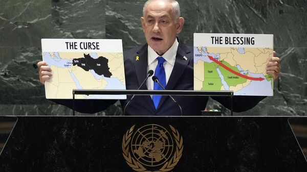 O primeiro-ministro de Israel, Benjamin Netanyahu, discursa na 79ª sessão da Assembleia Geral das Nações Unidas, 27 de setembro de 2024 - Sputnik Brasil