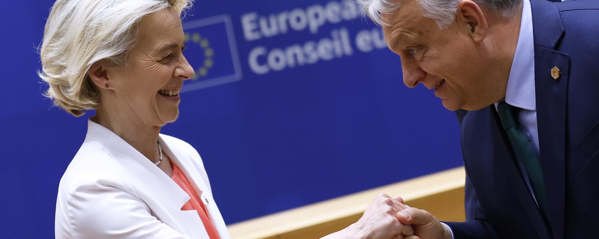 A presidente da Comissão Europeia, Ursula von der Leyen, é recebida pelo primeiro-ministro da Hungria, Viktor Orbán, durante mesa-redonda em uma cúpula da União Europeia em Bruxelas, em 17 de junho de 2024 - Sputnik Brasil, 1920, 30.06.2025