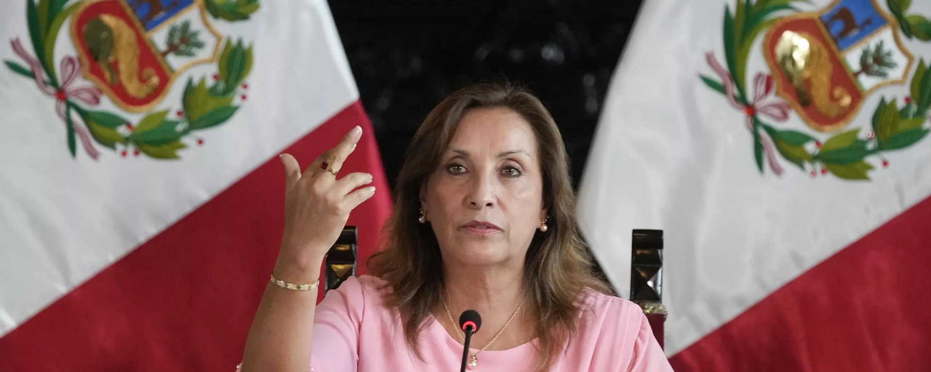 A presidente do Peru, Dina Boluarte, levanta a mão para mostrar o anel e a pulseira que está usando, durante entrevista coletiva no Palácio do Governo, em Lima, Peru, em 5 de abril de 2024. As autoridades estão investigando se ela recebeu ilegalmente centenas de milhares de dólares em dinheiro, relógios de luxo e joias - Sputnik Brasil, 1920, 04.11.2024