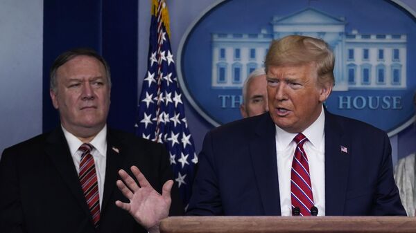 O então secretário de Estado, Mike Pompeo (fundo), enquanto o então presidente dos EUA, Donald Trump, fala durante uma reunião da força-tarefa sobre a pandemia de COVID-19 na Casa Branca, em Washington, 20 de março de 2020 - Sputnik Brasil