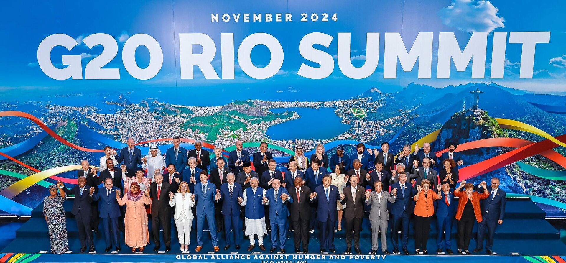 Foto oficial dos líderes da Cúpula do G20 no Rio de Janeiro. Novembro de 2024.