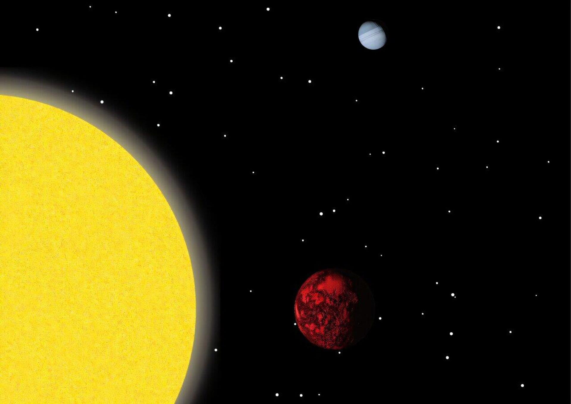 Concepção artística do sistema K2-360, mostrando a super-Terra ultradensa K2-360 b (vermelha) em sua órbita extremamente próxima ao redor de sua estrela semelhante ao Sol, com a companheira mais distante K2-360 c (azul) ao fundo. As temperaturas escaldantes em K2-360 b, que completa uma órbita em apenas 21 horas, provavelmente resultam em uma superfície derretida ou parcialmente derretida