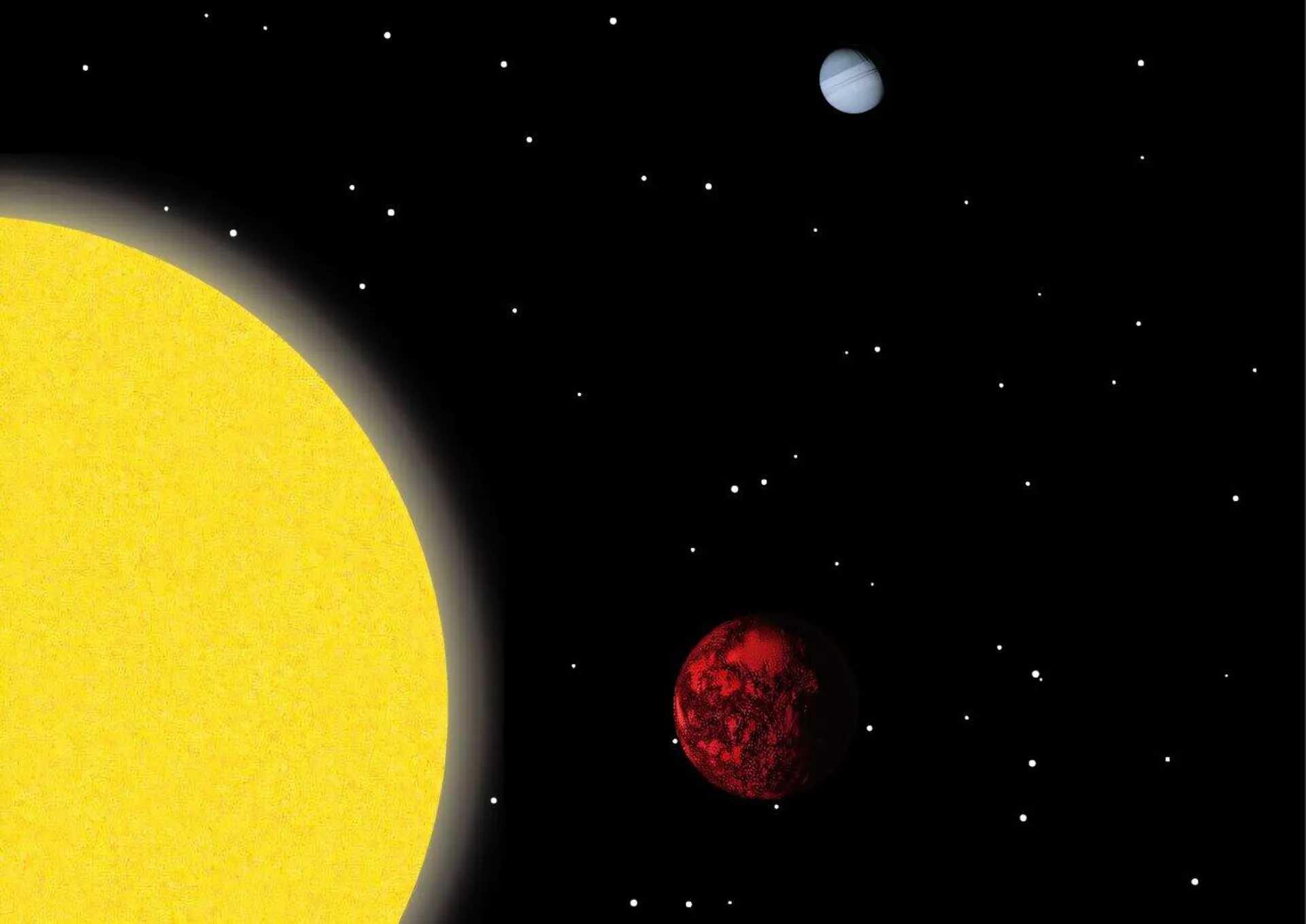 Concepção artística do sistema K2-360, mostrando a super-Terra ultradensa K2-360 b (vermelha) em sua órbita extremamente próxima ao redor de sua estrela semelhante ao Sol, com a companheira mais distante K2-360 c (azul) ao fundo. As temperaturas escaldantes em K2-360 b, que completa uma órbita em apenas 21 horas, provavelmente resultam em uma superfície derretida ou parcialmente derretida - Sputnik Brasil, 1920, 09.12.2024