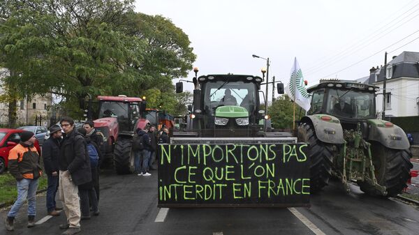 Agricultores franceses protestam contra o acordo comercial UE-Mercosul com frase não importar aquilo que é proibido na França, em Beauvais, França, 8 de novembro de 2024 - Sputnik Brasil