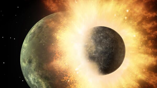Este conceito artístico mostra um corpo celeste do tamanho da nossa lua colidindo em grande velocidade com um corpo do tamanho de Mercúrio. O Telescópio Espacial Spitzer da NASA encontrou evidências de que uma colisão de alta velocidade desse tipo ocorreu há alguns milhares de anos em torno de uma estrela jovem, chamada HD 172555, ainda nos estágios iniciais de formação de planetas - Sputnik Brasil