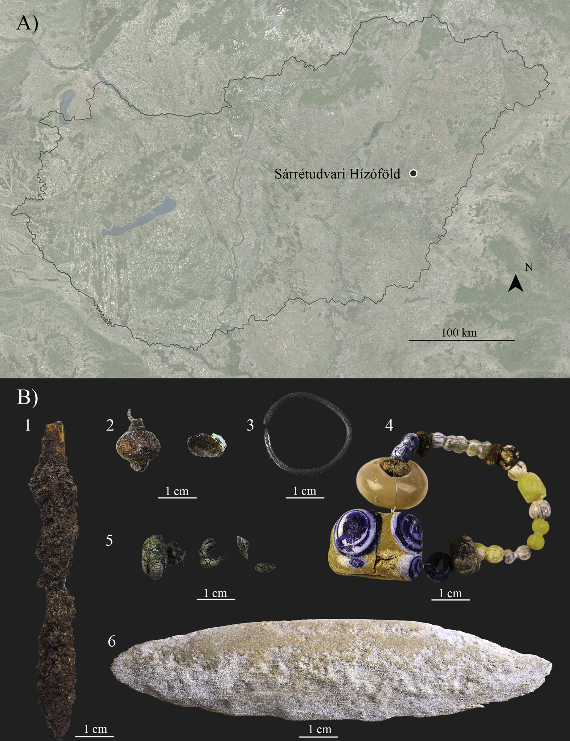 Mapa da Hungria mostrando a localização do sítio arqueológico de Sárrétudvari–Hízóföld (criado no QGIS (versão 3.16.16; https://www.qgis.org/) e editado por Luca Kis). B) Artefatos encontrados na sepultura nº 63: 1) ponta de flecha; 2) botão de sino; 3) anel de cabelo penanular de prata; 4) um colar de contas; 5) fragmentos de botões de sino; e 6) placa de arco de chifre (fotos tiradas por Zoltán Faur e editadas por Luca Kis) - Sputnik Brasil, 1920, 05.01.2025