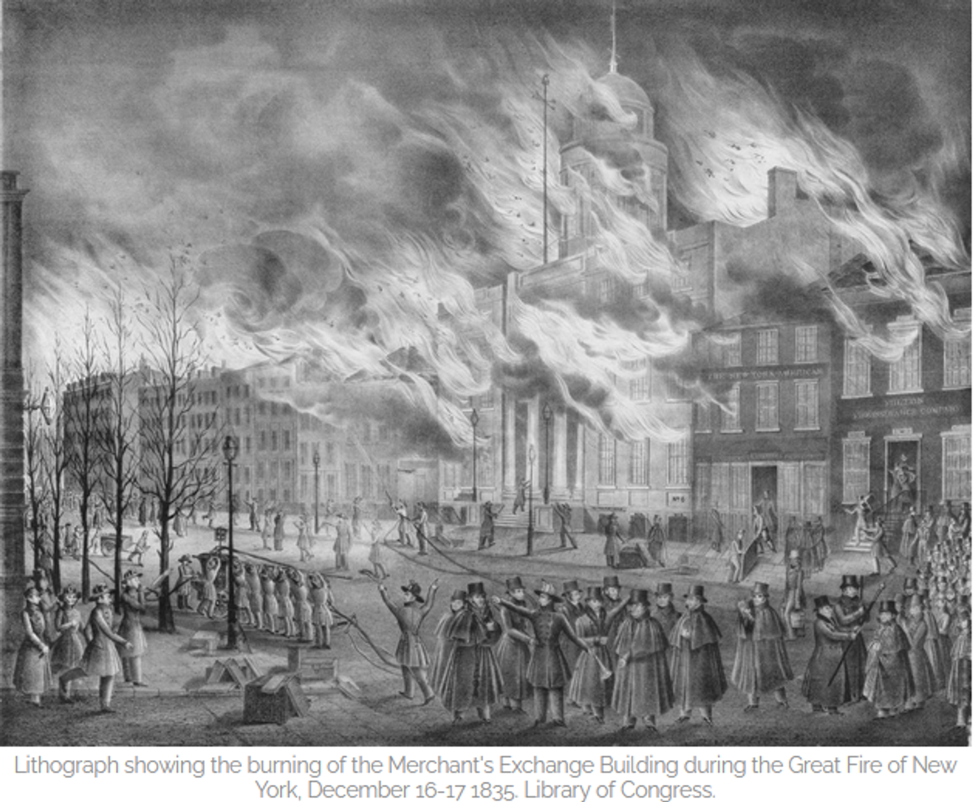 Imagem reproduzida da litografia que mostra o incêndio na Bolsa de Valores durante o Grande Incêndio de Nova York, de 16 a 17 de dezembro de 1835