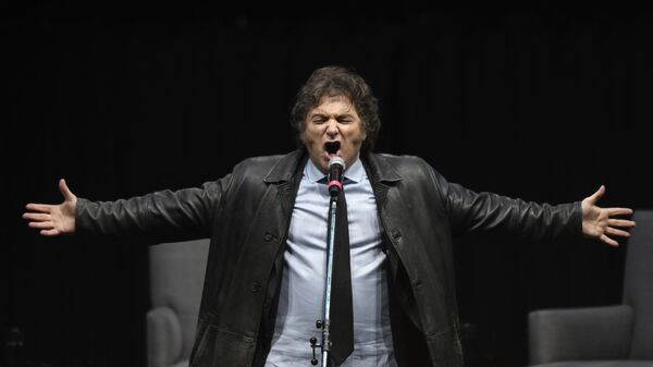 Javier Milei canta em evento promocional de seu livro em Buenos Aires. Argentina, 22 de maio de 2024 - Sputnik Brasil