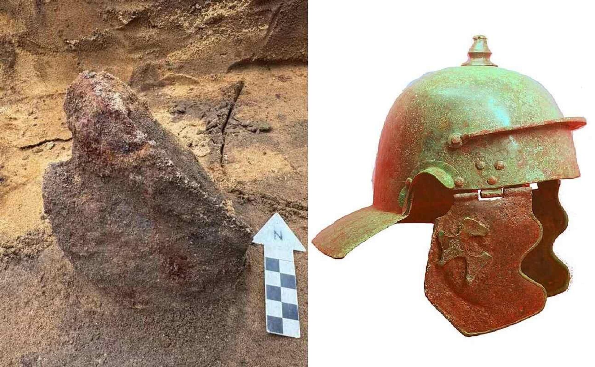 À esquerda, o capacete descoberto na Dinamarca; à direita, um capacete romano do tipo Weisenau encontrado na Alemanha