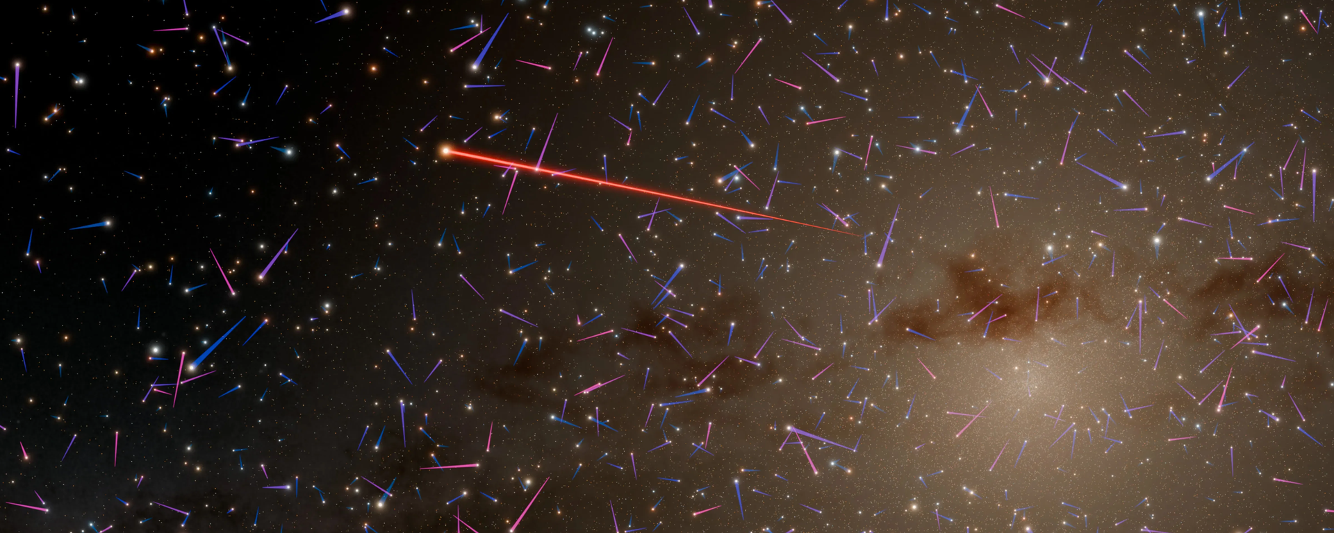 Imagem artística de estrelas perto do centro da nossa galáxia. Quanto mais longo e vermelho o rastro, mais rápido a estrela está se movendo - Sputnik Brasil, 1920, 22.03.2025