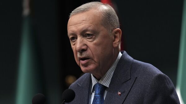 O presidente turco Recep Tayyip Erdogan fala durante uma entrevista coletiva conjunta com o presidente interino da Síria, Ahmad al-Sharaa, após sua reunião no palácio presidencial em Ancara, Turquia, 4 de fevereiro de 2025 - Sputnik Brasil