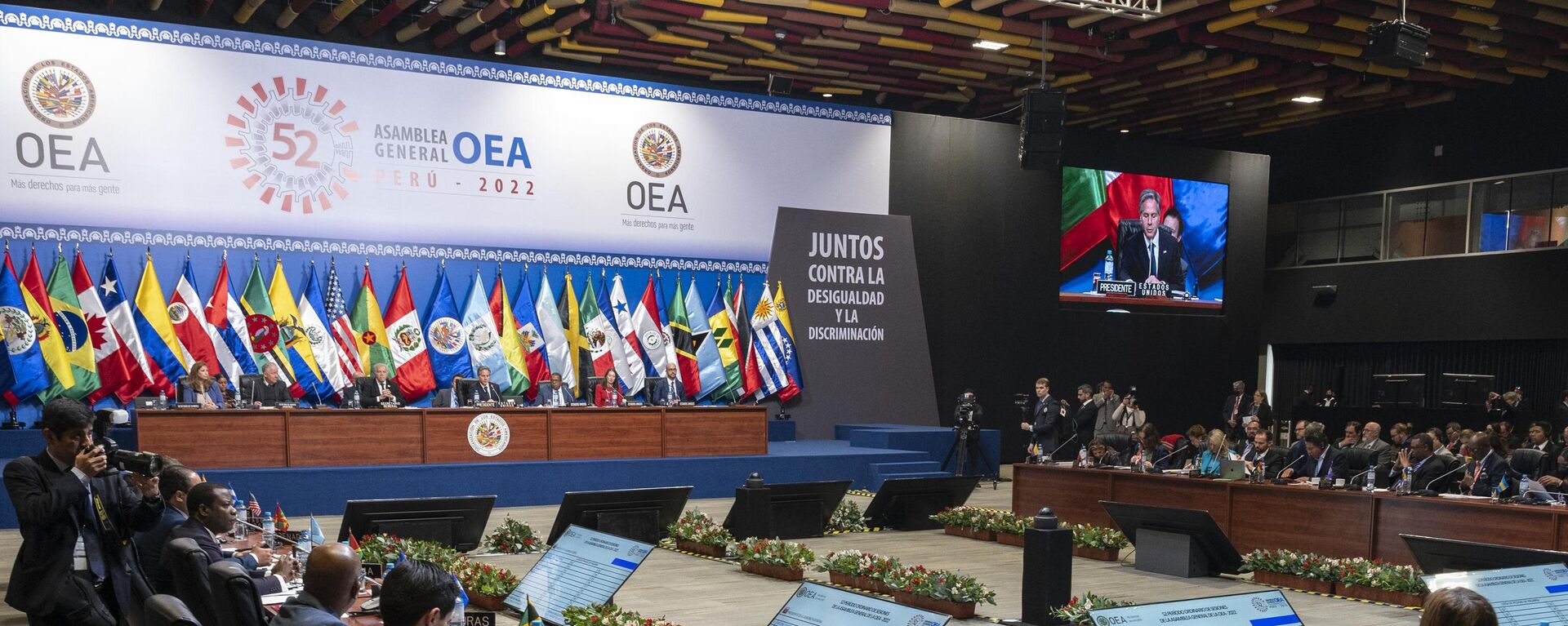 Líderes participam da Reunião Ministerial do Grupo de Revisão da Implementação da Cúpula durante a 52ª Assembleia Geral da Organização dos Estados Americanos (OEA), em Lima. Peru, 6 de outubro de 2022 - Sputnik Brasil, 1920, 10.03.2025