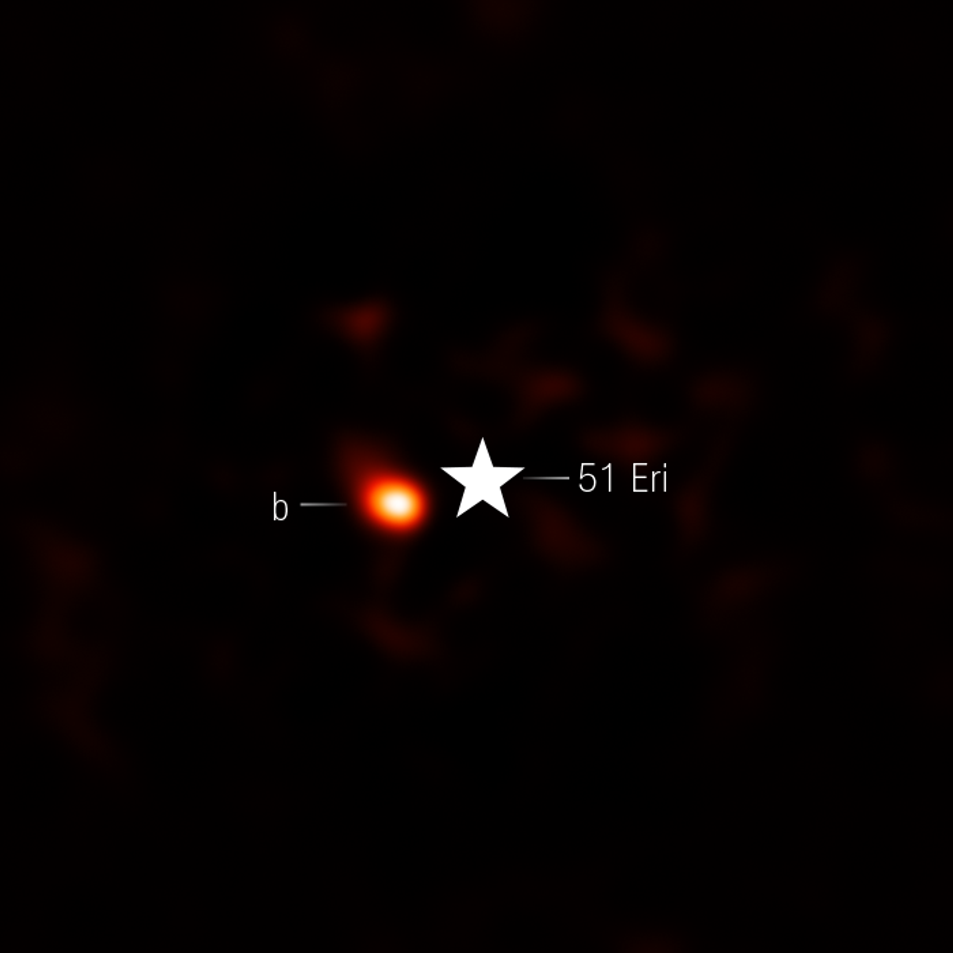 A NIRCam (Câmera de infravermelho próximo) do Webb capturou esta imagem de 51 Eridani b (também conhecido como 51 Eri b), um exoplaneta jovem e frio que orbita a 890 milhões de milhas de sua estrela, semelhante à órbita de Saturno em nosso Sistema Solar. O sistema 51 Eridani está a 97 anos-luz da Terra. Esta imagem inclui filtros que representam a luz de 4,1 mícrons como vermelho. O vermelho de fundo nesta imagem não é luz de outros planetas, mas um resultado da subtração de luz durante o processamento da imagem