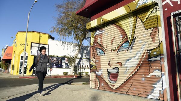 Pedestre passando por um mural inspirado na série de anime Dragon Ball, em Los Angeles. EUA, 9 de janeiro de 2019 - Sputnik Brasil