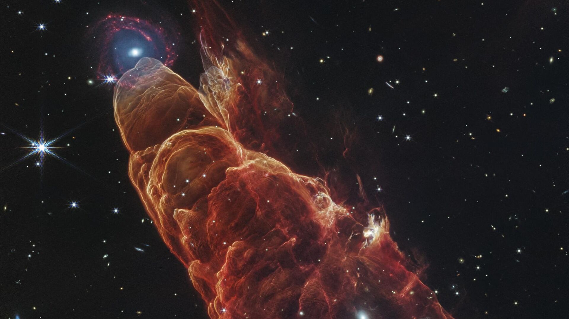 Herbig-Haro 49/50, um fluxo de uma estrela próxima ainda em formação, em luz infravermelha próxima e média de alta resolução observado pelo Telescópio Espacial James Webb (JWST) da NASA Herbig-Haro 49/50, um fluxo de uma estrela próxima ainda em formação, em luz infravermelha próxima e média de alta resolução observado pelo Telescópio Espacial James Webb (JWST) da NASA - Sputnik Brasil, 1920, 25.03.2025