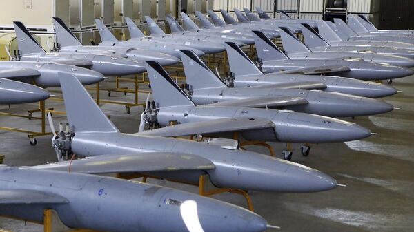 Drones iranianos exibidos em cerimônia. Irã, 13 de janeiro de 2025 - Sputnik Brasil