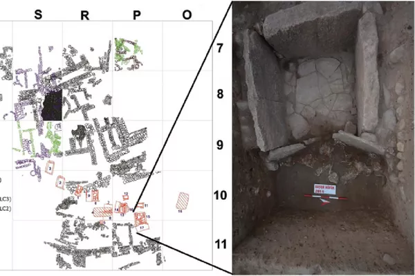 Planta das escavações de Basur Hoyuk com contextos de cemitérios da Idade do Bronze Inicial numerados e detalhes dos túmulos 15 e 17 Planta das escavações de Basur Hoyuk com contextos de cemitérios da Idade do Bronze Inicial numerados e detalhes dos túmulos 15 e 17 - Sputnik Brasil